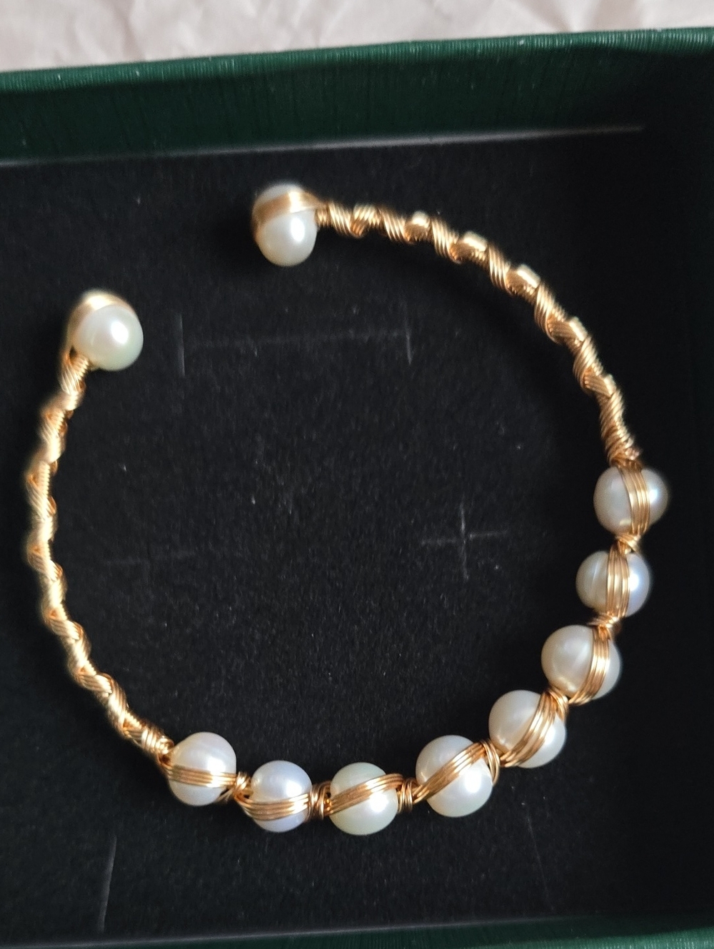 Gold Wire-Wrapped White Pearl Open Cuff Bracelet - Women Jewelry